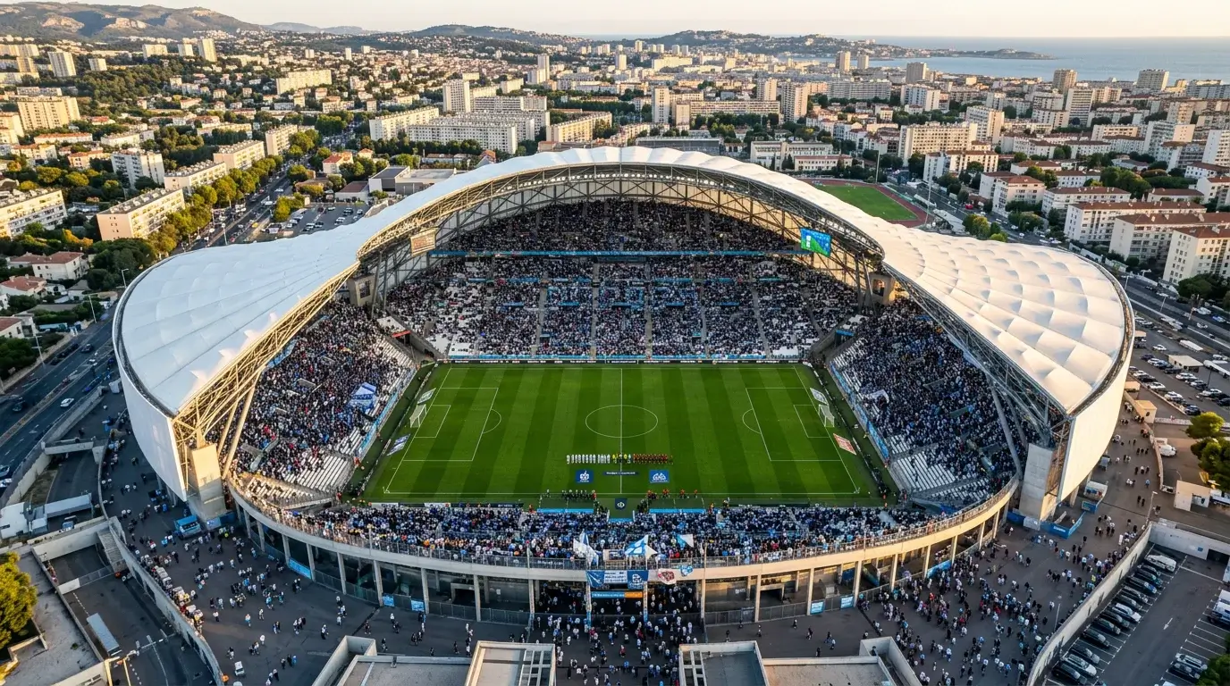 Estadio de la Ligue 1 durante una jornada de fútbol francés con las gradas llenas
