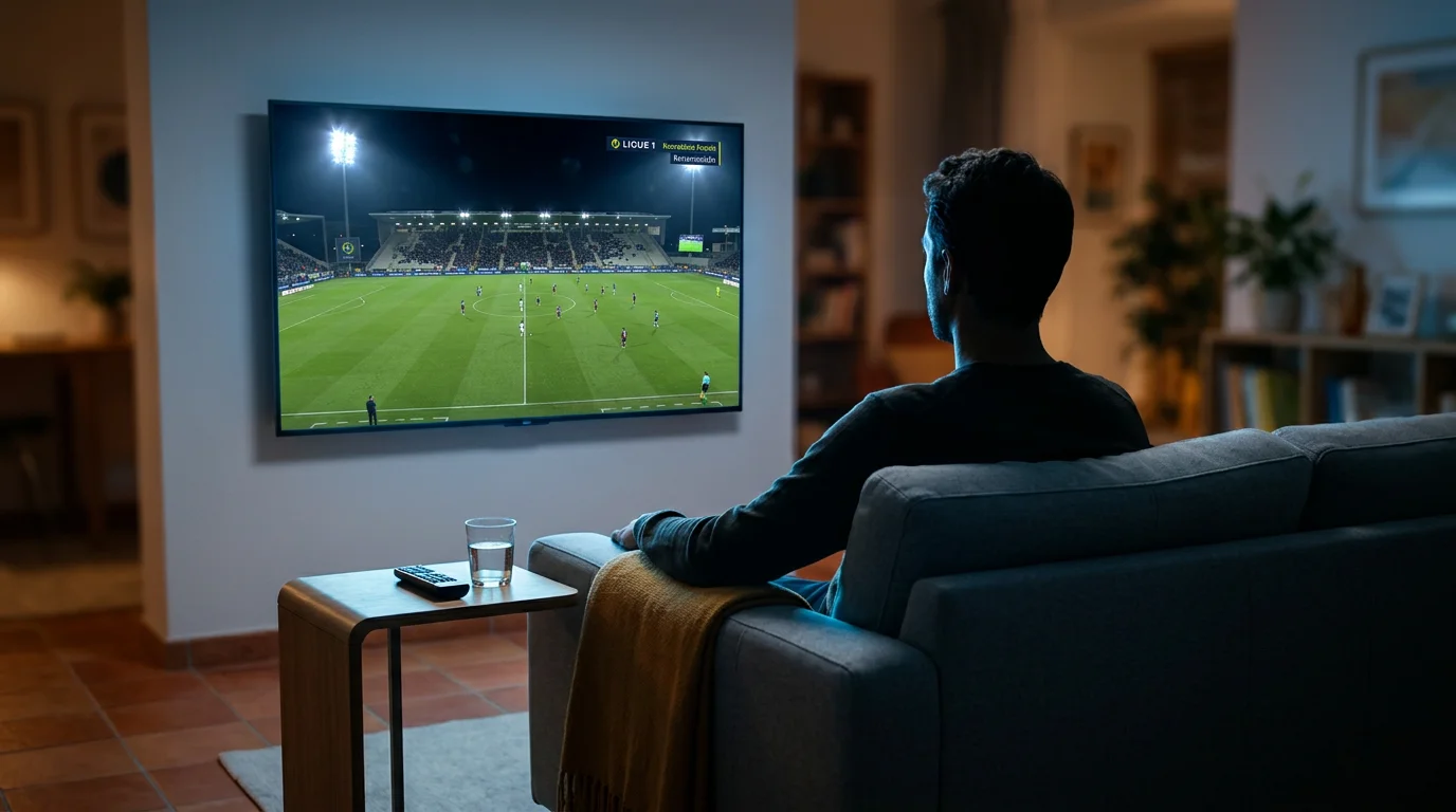 Aficionado viendo un partido de la Ligue 1 en una pantalla desde España